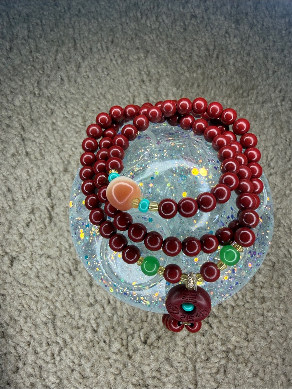 Red Beaded Women's Necklace with Green Accents